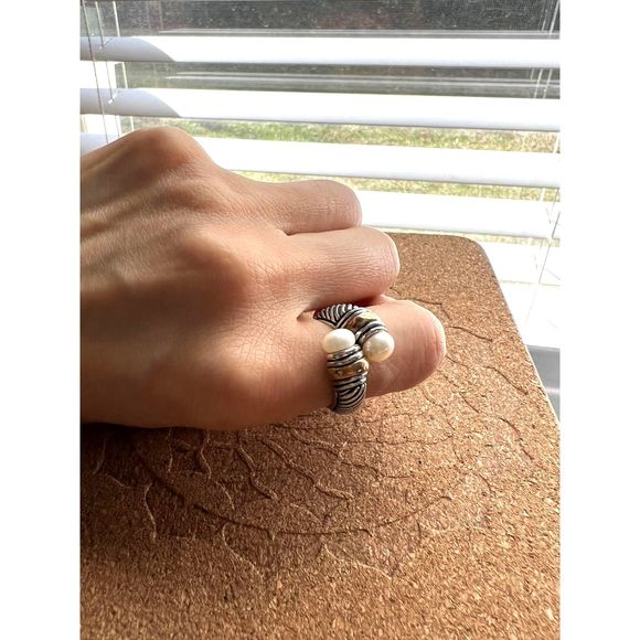 Open Bangle and Ring set, pearl on twisted antique silver design - Picture 4 of 7